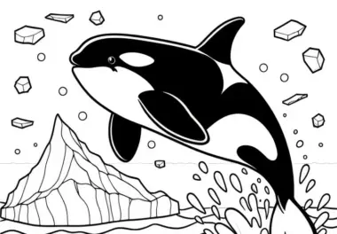 Orca-Wal springt aus Wasser vor Eisscholle: Einfache Malvorlage (Gratis)