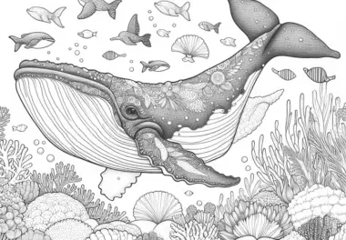 Detailreiche Wal-Malvorlage in Unterwasserlandschaft (Kostenlos)