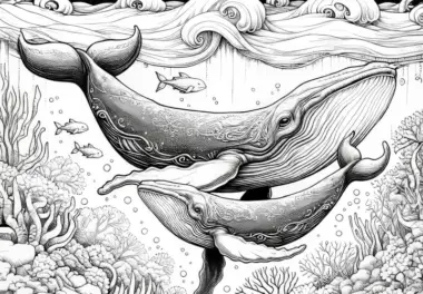 Wal mit Kalb schwimmt im Meer: Malvorlage zum Herunterladen (Kostenlos)