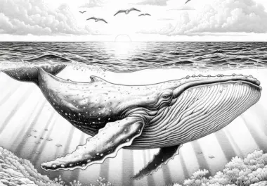 Riesiger Blauwal schwimmt im Ozean: Ausmalbild zum Download (Kostenlos)