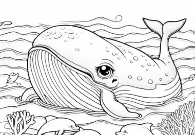 Wal mit Delfinen: Ausmalbild zum Download (Gratis)