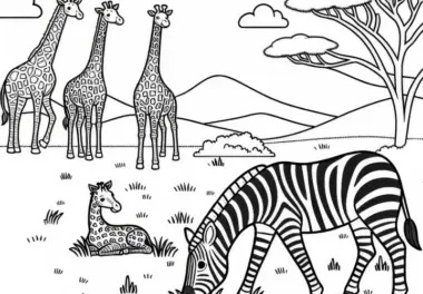 Zebra grast friedlich in der Savanne mit Giraffen im Hintergrund: Einfaches Ausmalbild (Kostenlos)