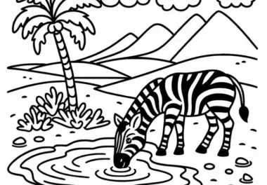 Zebra trinkt Wasser in der Oase: Einfaches Ausmalbild (Gratis)
