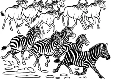Zebras rennen vor der Gnu-Herde davon: Einfaches Ausmalbild (Gratis)