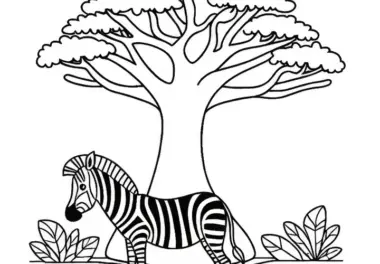 Zebra steht vor Baobab-Baum: Einfache Malvorlage (Kostenlos)