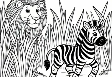 Zebra läuft durch hohe Gräser, unter Beobachtung eines Löwen: Einfache Malvorlage (Kostenlos)