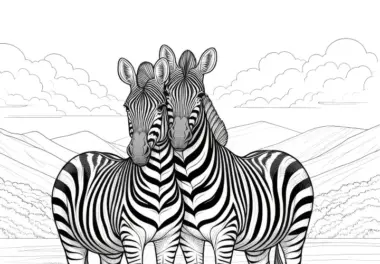 Zwei Zebras in einer Naturlandschaft: Malvorlage zum Download (Kostenlos)