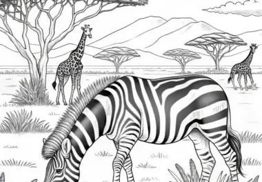 Zebra grast in der Savanne mit Giraffen im Hintergrund: Realistisches Ausmalbild (Gratis)