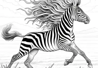 Zebra galoppiert mit wehender Mähne über weite Steppe: Ausmalbild zum Herunterladen (Kostenlos)