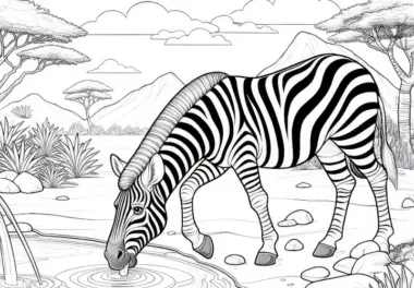 Zebra trinkt Wasser in der Oase: Detailreiches Ausmalbild (Kostenlos)