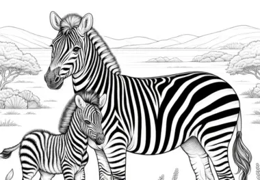 Zebra-Mutter mit Fohlen: Malvorlage zum Herunterladen (Kostenlos)