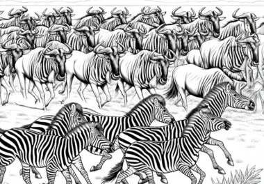 Gruppe Zebras mit Gnu Herde: Ausmalbild für Kinder (Kostenlos)
