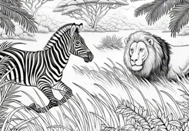 Zebra läuft durch hohe Gräser während Löwe zusieht: Malvorlage kostenlos