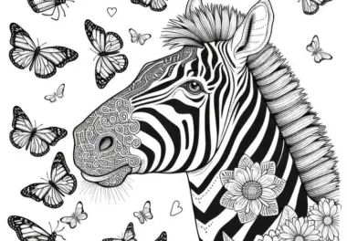 Zebra mit Schmetterlingen: Detailreiche Malvorlage (Kostenlos)