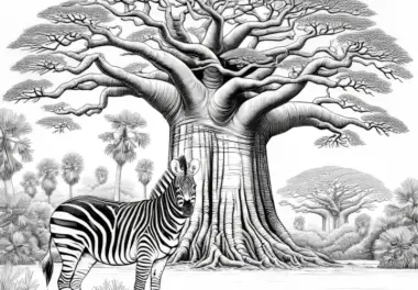 Zebra steht vor Baobab-Baum: Malvorlage zum Herunterladen (Kostenlos)