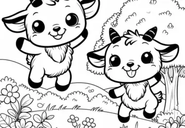 Zwei kleine Ziegen springen fröhlich auf Wiese: Einfaches Ausmalbild (Gratis)