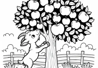 Ziege springt an Apfelbaum hoch, um einen Apfel zu fressen: Einfaches Ausmalbild (Gratis)