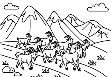Eine Gruppe Ziegen läuft auf einer Bergstraße: Einfache Malvorlage (Kostenlos)