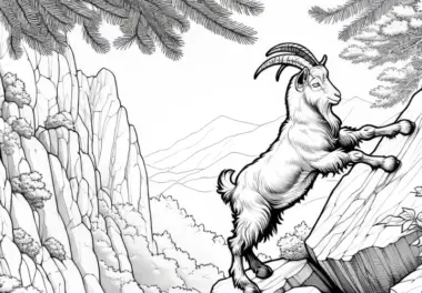 Eine Ziege klettert auf steilen Felsen: Ausmalbild zum Download (Gratis)