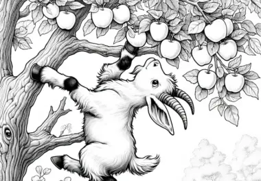 Ziege springt an Apfelbaum hoch, um Apfel zu fressen: Kostenloses Ausmalbild
