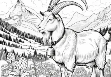 Ziege mit Glocke um Hals auf Alpwiese: Malvorlage zum Download (Kostenlos)