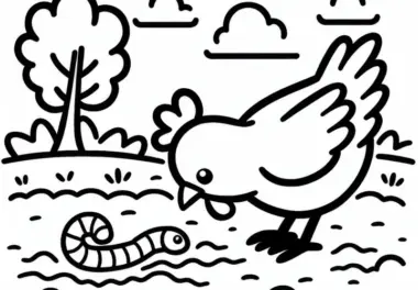Huhn mit einem Wurm: Einfache Malvorlage (Kostenlos)