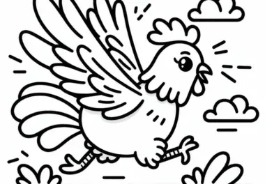 Huhn läuft mit flatternden Flügeln: Einfaches Ausmalbild (Gratis)
