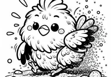 Huhn schüttelt sich nach Sandbad: Einfaches Ausmalbild (Kostenlos)
