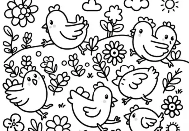 Hühner laufen über Blumenwiese: Einfaches Ausmalbild (Gratis)