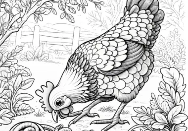 Huhn pickt nach einem Wurm: Malvorlage zum Download (Gratis)