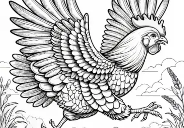 Huhn rennt aufgeregt mit flatternden Flügeln über den Hof: Kostenlose Malvorlage