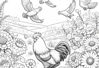 Hahn auf Blumenwiese: Malvorlage zum Download (Gratis)