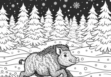 Wildschwein rennt durch verschneiten Wald: Einfaches Ausmalbild (Kostenlos)