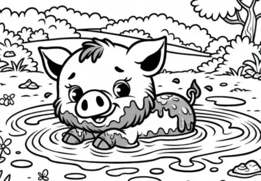 Wildschwein nimmt Schlammbad: Einfaches Ausmalbild (Kostenlos)