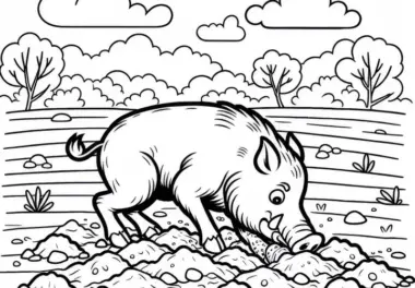 Wildschwein gräbt mit Schnauze tiefe Furchen im Boden: Einfache Malvorlage (Gratis)
