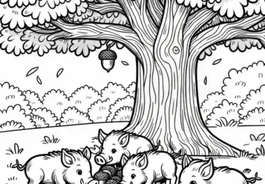 Wildschweine fressen Eicheln unter einem Baum: Einfache Malvorlage (Kostenlos)