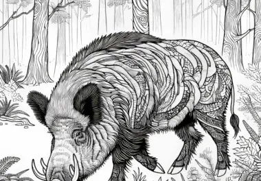 Großes Wildschwein durchwühlt Waldboden nach Futter: Kostenloses Ausmalbild