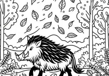 Wildschwein in herbstlicher Landschaft mit fallenden Blättern: Einfaches Ausmalbild (Kostenlos)