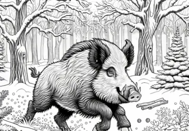 Wildschwein rennen durch verschneiten Wald: Ausmalbild zum Herunterladen (Gratis)