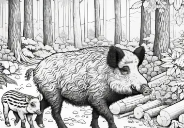 Ausmalbild: Wildschwein-Bache läuft mit Frischling durch den Wald  (Kostenlos)