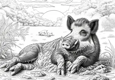 Wildschwein nimmt Schlammbad: Ausmalbild zum Ausdrucken (Gratis)