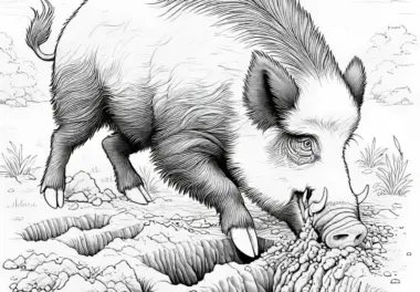 Wildschwein gräbt mit Schnauze im Boden: Kostenloses Ausmalbild