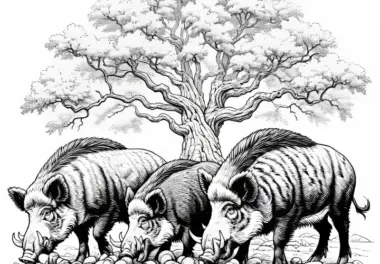 Wildschweine fressen Eicheln unter Baum: Ausmalbild zum Ausdrucken (Kostenlos)