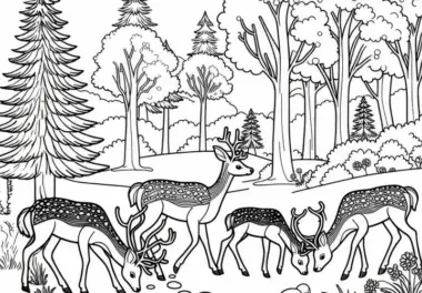Hirschfamilie grast auf Lichtung im Wald: Einfaches Ausmalbild (Gratis)