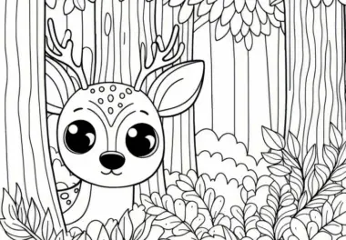 Hirsch schaut neugierig aus einem Wald: Einfaches Ausmalbild (Kostenlos)