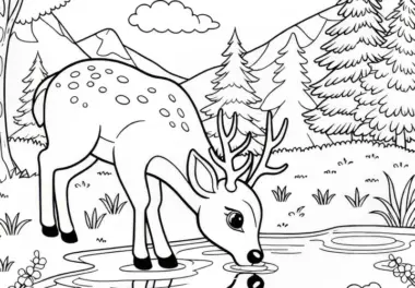 Hirsch trinkt aus Waldsee: Einfache Malvorlage (Kostenlos)