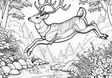 Eleganter Hirsch springt über kleinen Bach: Kostenlose Malvorlage