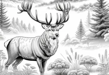 Hirsch mit großem Geweih im Nebel: Gratis Malvorlage