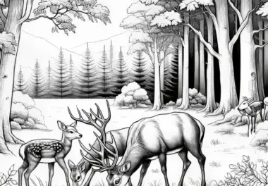 Hirschfamilie auf einer Lichtung im Wald: Kostenloses Ausmalbild