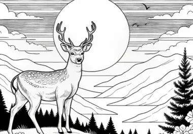Hirsch auf Hügel vor Sonnenuntergang: Malvorlage zum Download (Kostenlos)